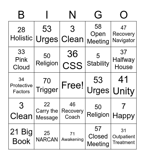 Recovery Bingo Card