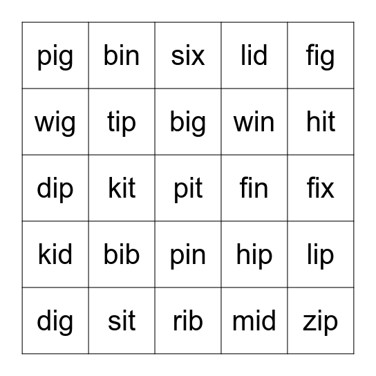 short i Bingo Card