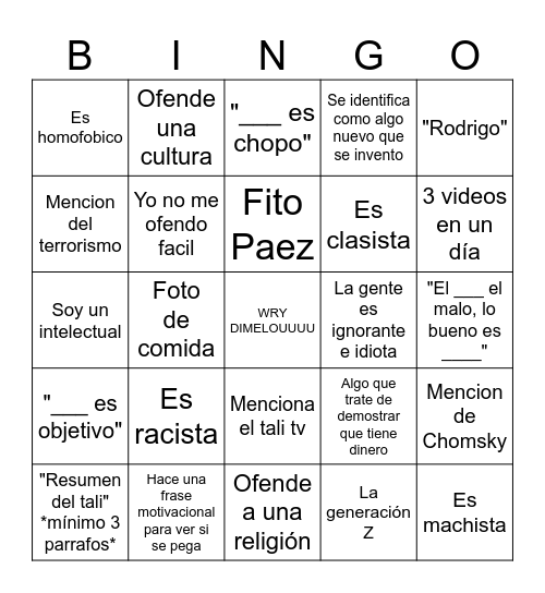 Tali bingo Card