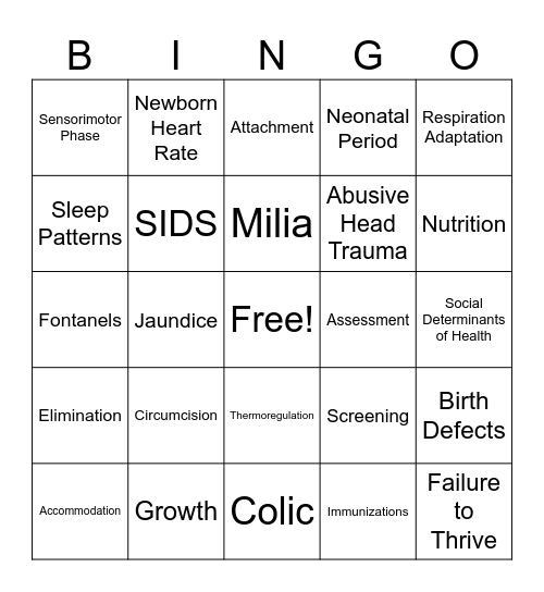 Infancy Bingo Card