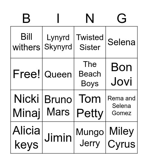 Artist Bingo Card