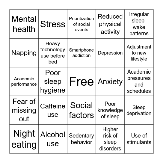 College Students and Sleep Bingo Card