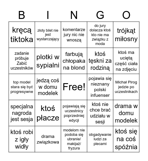 Top model Bingo Card