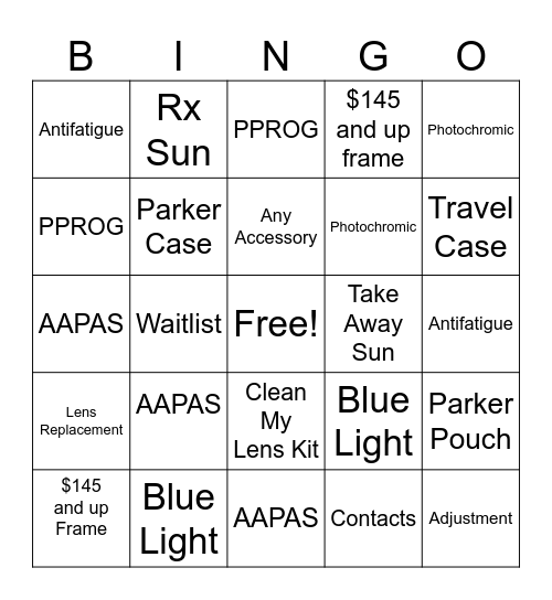 Warby Parker Bingo Card