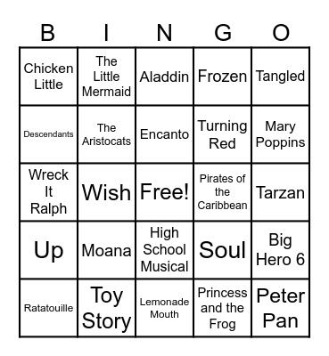 Disney/Pixar Music Bingo Card