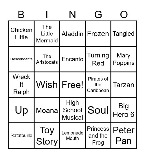 Disney/Pixar Music Bingo Card