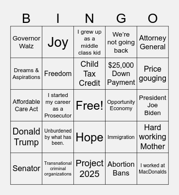 Kamala Harris Bingo Card