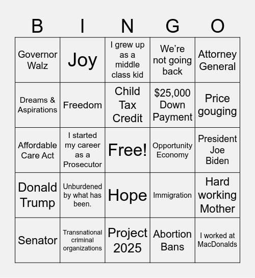Kamala Harris Bingo Card
