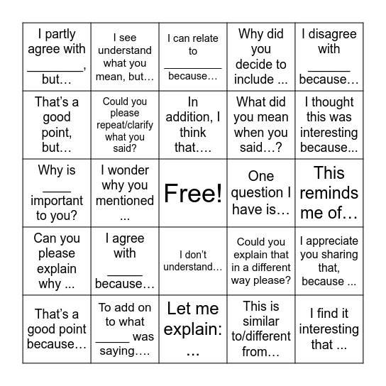 Discussion Starter Bingo! Bingo Card