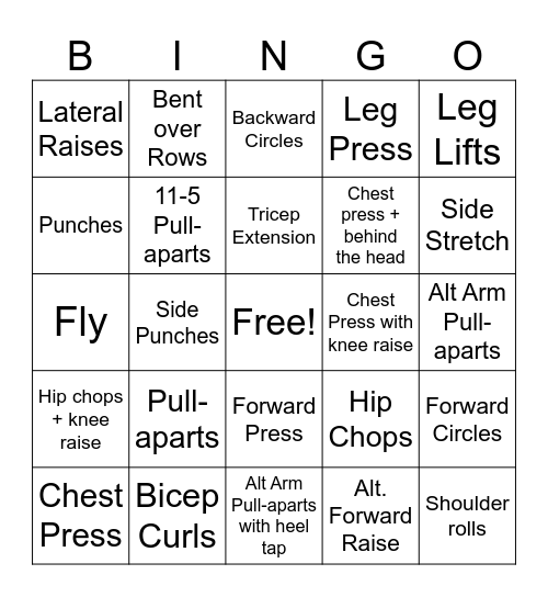 Resistance Band Bingo Card