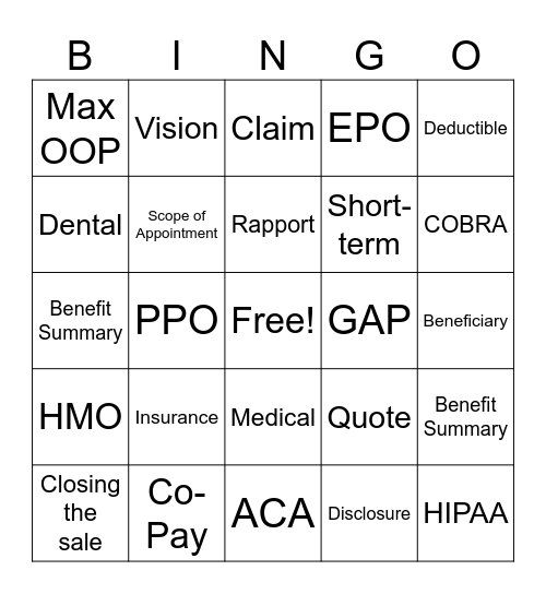 eHealth Insurance BINGO Card