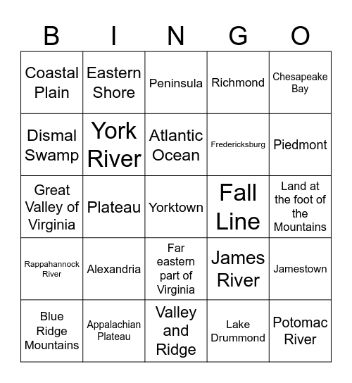 Virginia's Geography Bingo Card