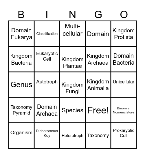 Classification and Taxonomy Bingo Card