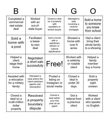 Real Estate Bingo Card