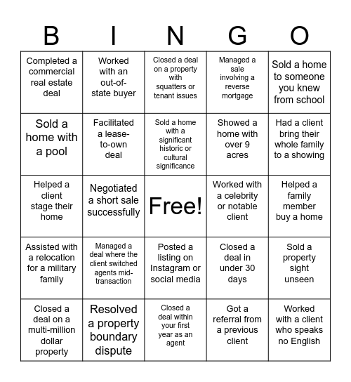 Real Estate Bingo Card