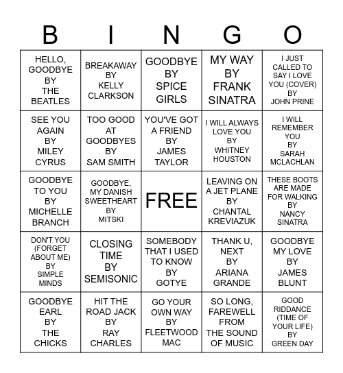 BYE BYE! Bingo Card