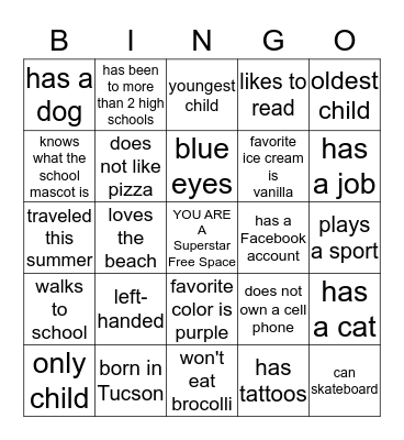 Back to School Bingo Card