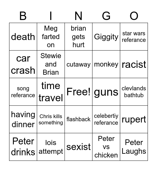 Family Guy Bingo Card