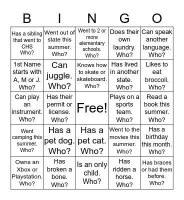 Bingo to Meet You Bingo Card
