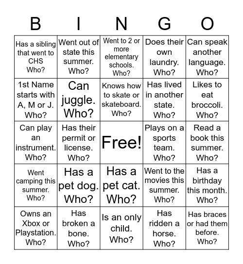 Bingo to Meet You Bingo Card