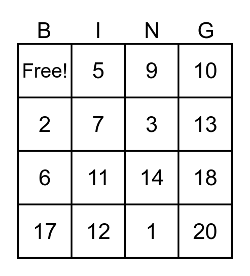 Numbers 1- 20 Bingo Card