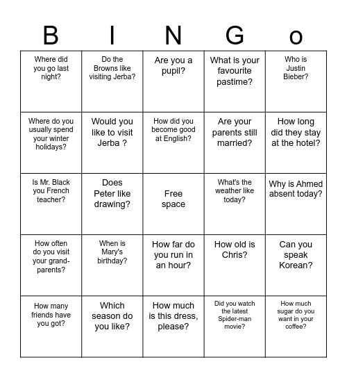 Wh questions / Yes and no questions (Meet the Browns) Bingo Card