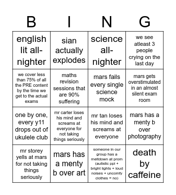 year 11 bingo Card