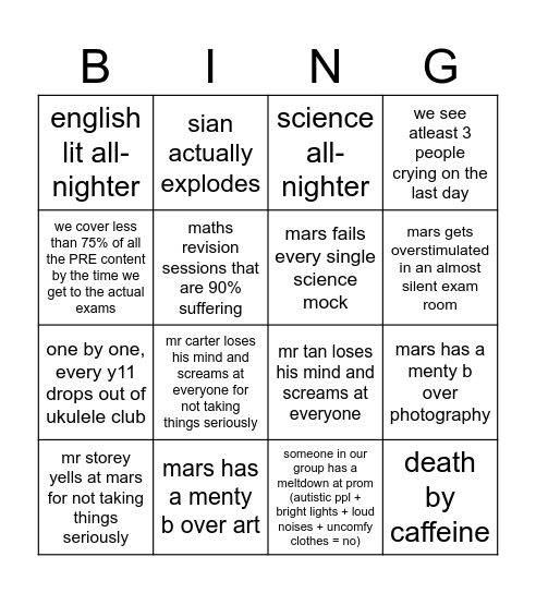 year 11 bingo Card