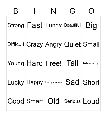 Adjectives Bingo Card