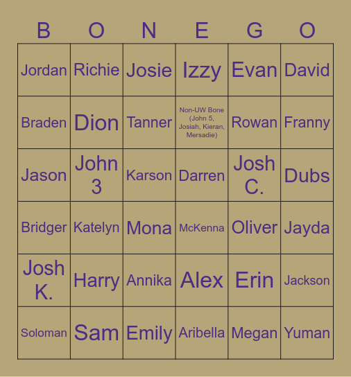 BONEGO Bingo Card