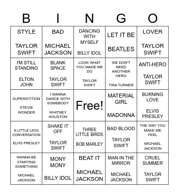 MICHAEL JACKSON, TAYLOR SWIFT AND OTHER ICONS Bingo Card