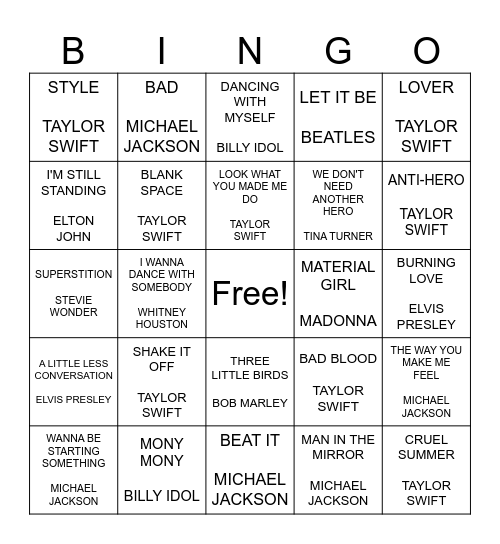 MICHAEL JACKSON, TAYLOR SWIFT AND OTHER ICONS Bingo Card