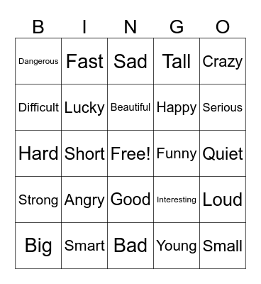 Adjectives Bingo Card