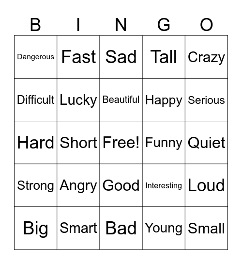 Adjectives Bingo Card