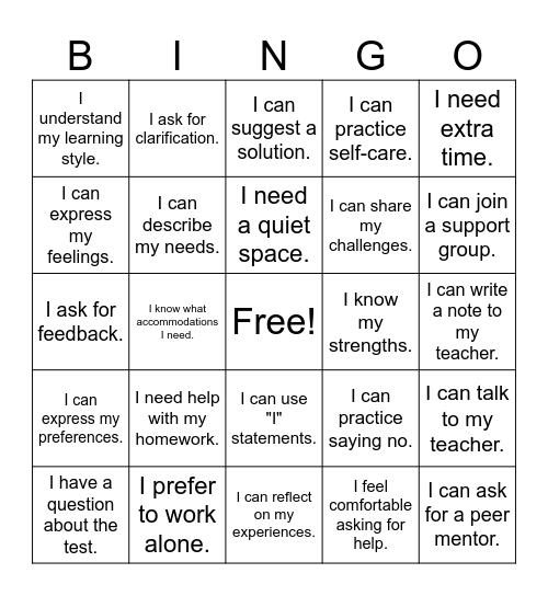 Self-Advocacy Bingo Card