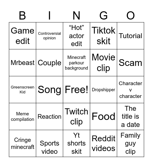 YouTube shorts Bingo Card