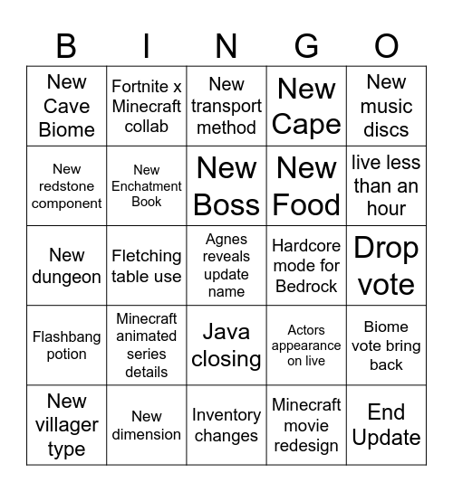 Minecraft Live Bingo Card