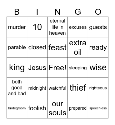 Parable of the Marriage Feast & the Virgins Bingo Card