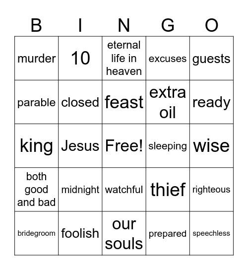 Parable of the Marriage Feast & the Virgins Bingo Card