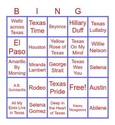 Texas songs Bingo Card
