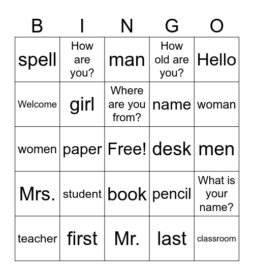 Unit 1 Vocab 1 Bingo Card