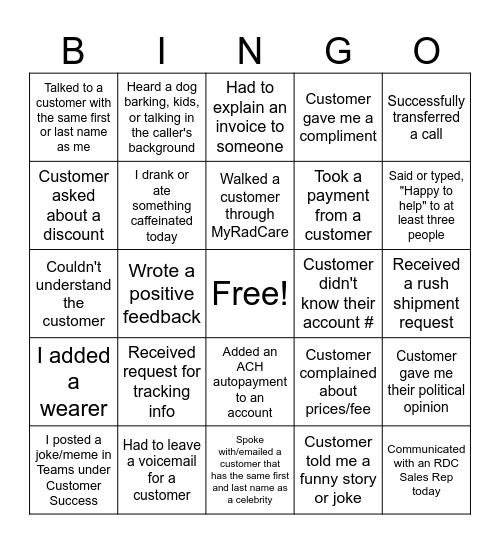 Customer Service Bingo Round 1 Bingo Card