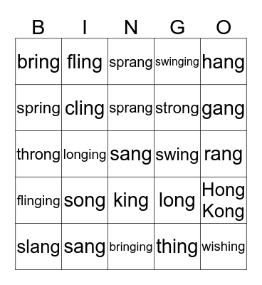 ang, ing, ong Bingo Card