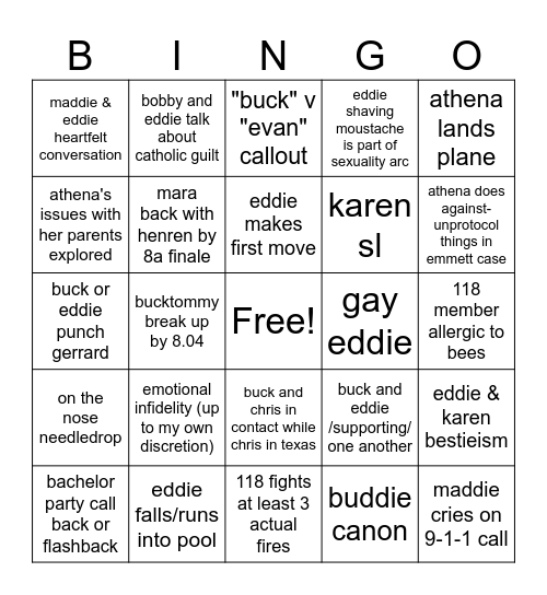 9-1-1 S8 Bingo Card