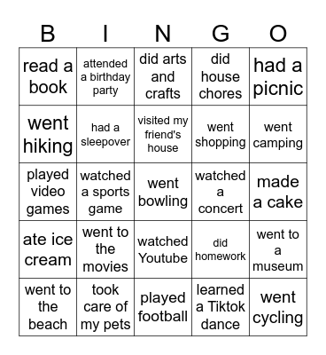 Last weekend, I... Bingo Card