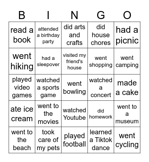 Last weekend, I... Bingo Card