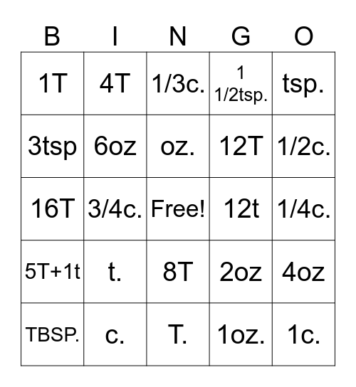 Cup Kid Equivalences Bingo Card