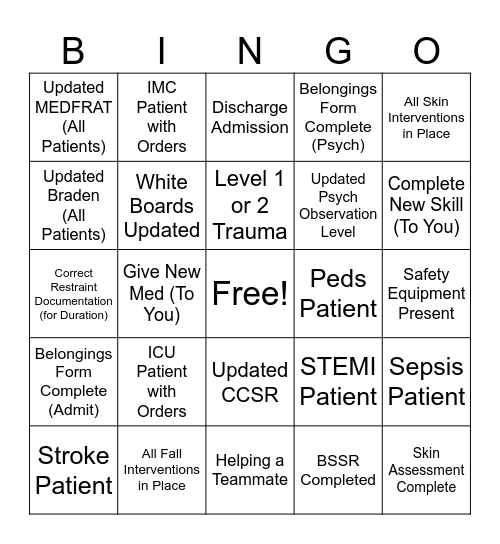 Nurse Bingo Card