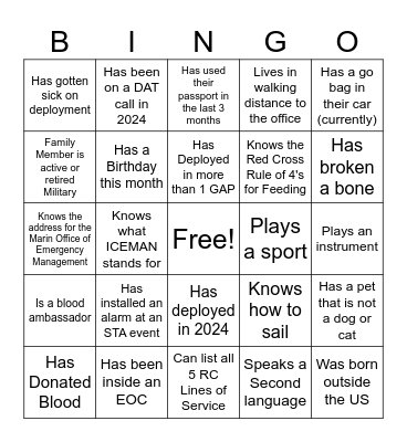 American Red Cross Bingo Card