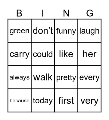 High Frequency words Bingo Card